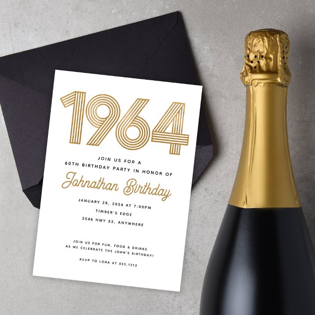 1964 White Black Faux Gold Anniversaire Invitation (Créateur téléchargé)