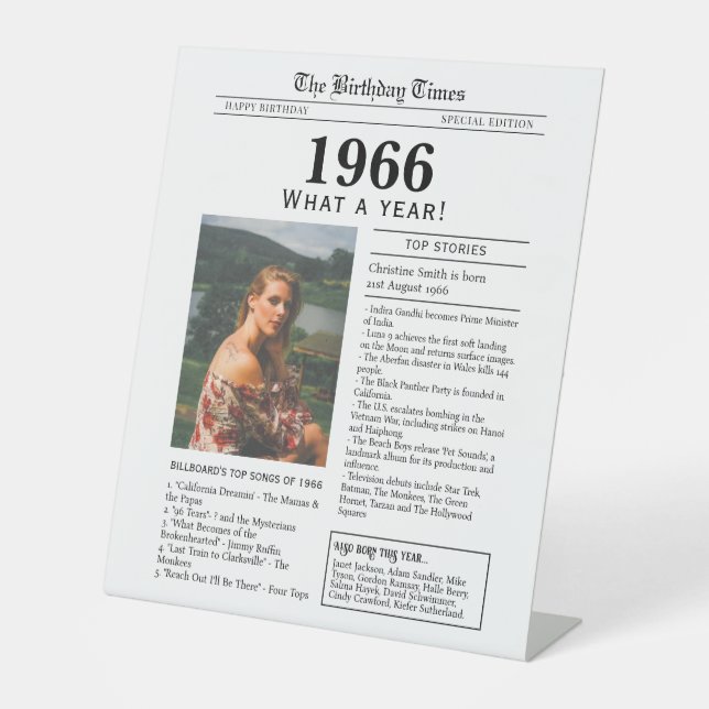1966 Birthday Newspaper Tabletop Pedestal Sign Sockelschild (Vorderseite)