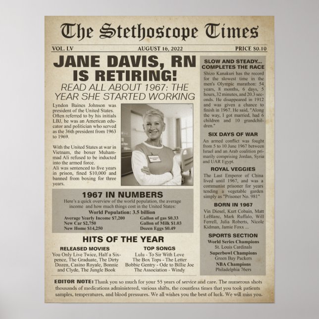1967 Stethoscope Times for Nurse Retirement Party Poster (Vorne)