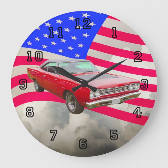 1968 Plymouth Roadrunner And American Flag Große Wanduhr (Vorderseite)