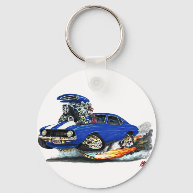 1969 Camaro Z28 Blue-White Car Schlüsselanhänger (Vorderseite)