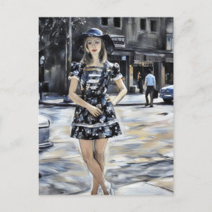 1970er Jahre Frau mit Sonnenhut Minikleid in Stadt Postkarte