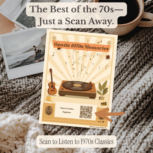 1970er Musiktherapie mit Spotify-QR-Code Fotoplatte (Interactive 1970s record player poster with scannable Spotify playlist for memory care.)