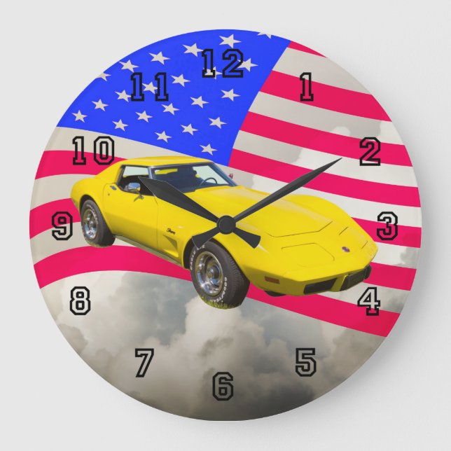 1975 Corvette Stingray mit amerikanischer Flagge Große Wanduhr (Vorderseite)