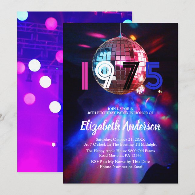 1975 Disco Ball 50e Anniversaire Fête Invitation (Devant / Derrière)