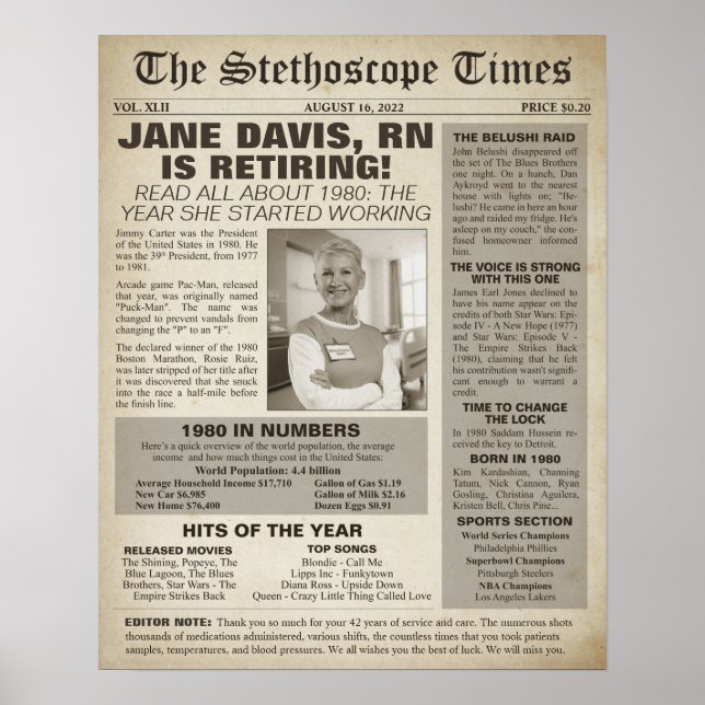 1980 Stethoscope Times for Nurse Retirement Party Poster (Vorne)