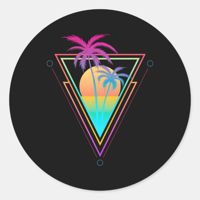 1980S 1990S Vaporwave Palm Trees Beach Surf Runder Aufkleber (Vorderseite)