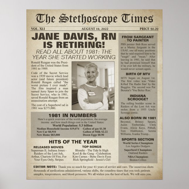1981 Stethoscope Times for Nurse Retirement Party Poster (Vorne)