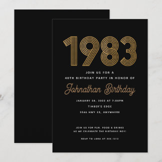 1983 Schwarz und Gold 40. Geburtstagsfeier Einladung