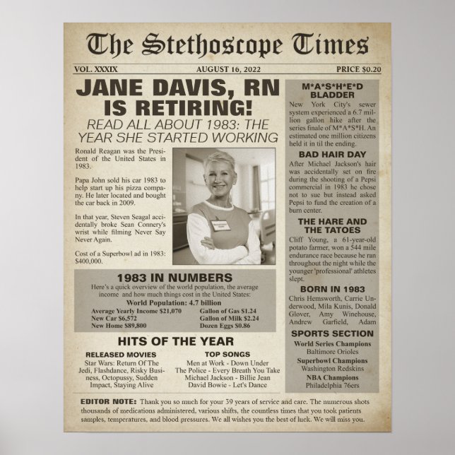 1983 Stethoscope Times for Nurse Retirement Party Poster (Vorne)