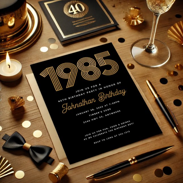 1985 Black Faux Gold 40th Birthday Invitation (1985 Black Faux Gold 40th Birthday Invitation)