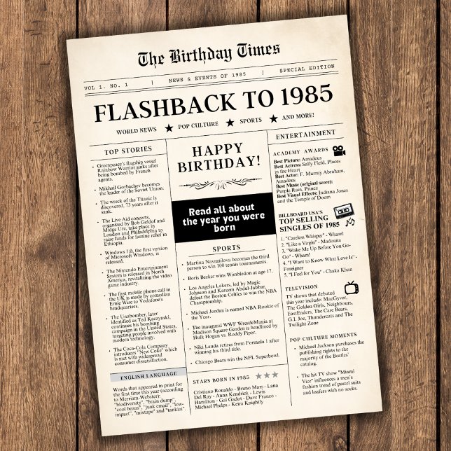 1985 Geboren Mock Zeitung (Flashback to 1985 birthday newspaper unique trivia gift, read all about the year you were born)