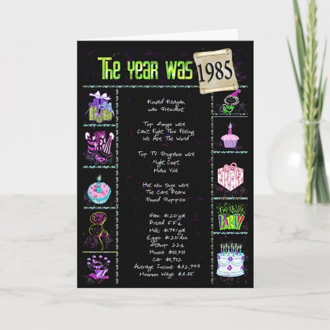 1985 Geburtstags-Spaß-Tatsachen Karte (Vorderseite)