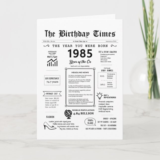 1985 L'Année De Votre Naissance Carte D'Anniversai (Devant)