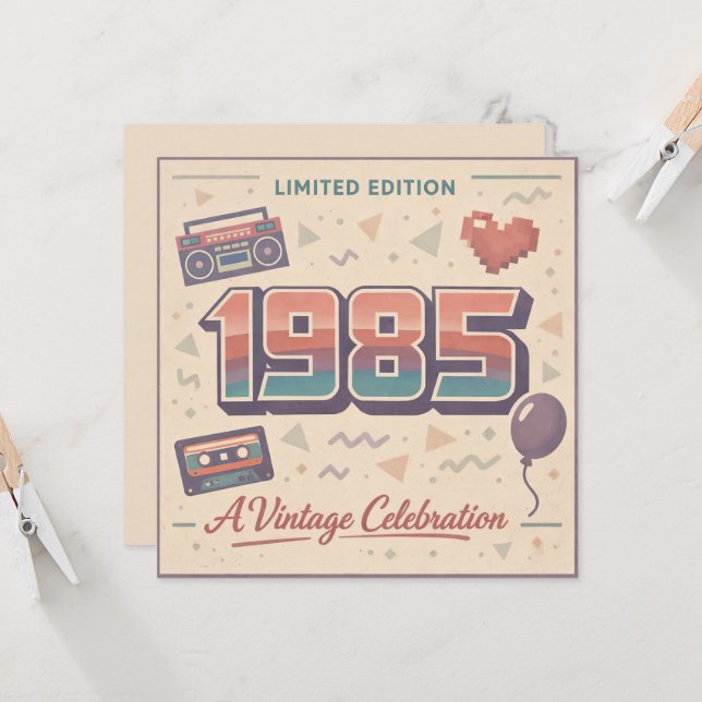 1985 Vintage Birthday Flat Card – Retro 80s Limite (Vorderseite/Rückseite Beispiel)