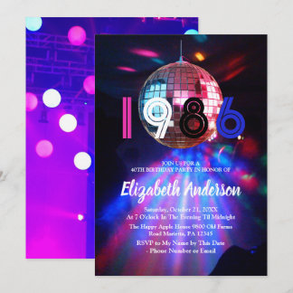 1986 Disco Ball 40th Birthday Party Invitation Einladung