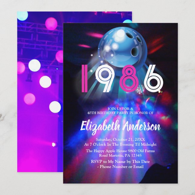1986 Disco Bowling  40th Birthday Party Invitation Einladung (Vorne/Hinten)