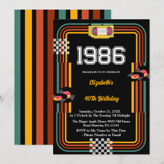 1986 Retro Cassette Disco 40th Birthday Einladung