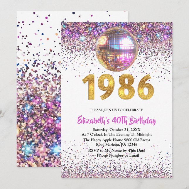 1986 Trendy Glitter Disco 40th Birthday Einladung (Vorne/Hinten)