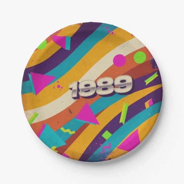 1989 - Retro Vintager 80er Neon Geometric - Pappteller (Vorderseite)