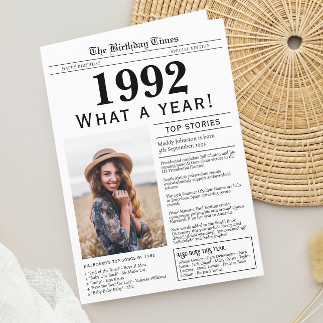 1992 Zeitung Geburtstagskarte Feiertagskarte (Born in 1992 Unique Newspaper Birthday greeting card, with news, trivia and custom photo)