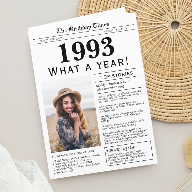1993 Newspaper Happy Birthday Grußkarte Dankeskarte (Birthday Card, born in 1993 newspaper personalized with photo, trivia and fun facts)