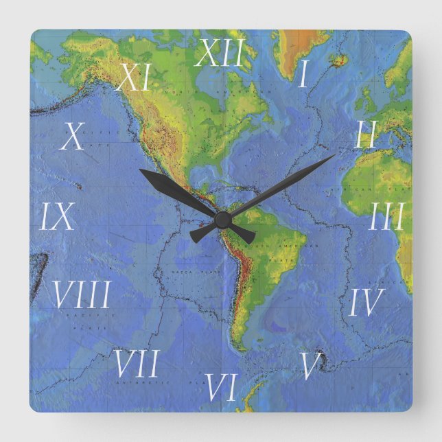 1994 Physical World Map - Tectonic Plates - USGS Quadratische Wanduhr (Vorderseite)