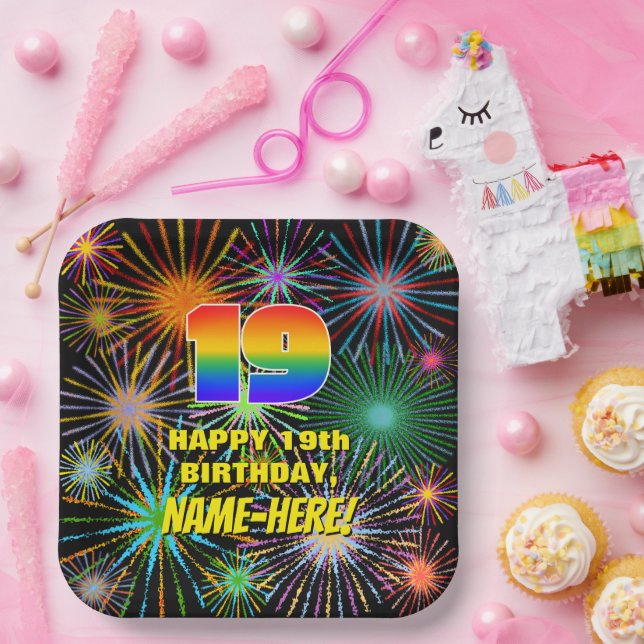 19. Geburtstag: Bunte, lustige feierliche Feuerwer Pappteller (Party)