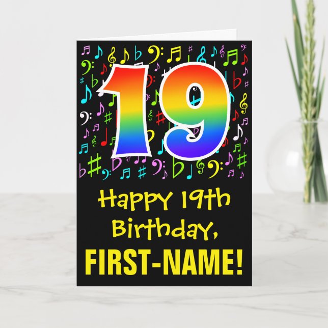 19. Geburtstag: Farbige Musiksymbole + Regenbogen  Karte (Vorderseite)