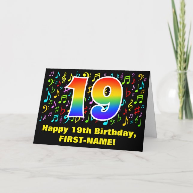19. Geburtstag: Farbige Musiksymbole & Regenbogen  Karte (Vorderseite)
