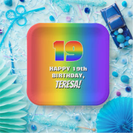 19. Geburtstag: Farbiges, lustiges Regenbogenmuste Pappteller