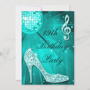 19. Geburtstag Glitzerschuhe und Türkis Disco-Kuge Einladung