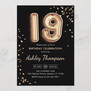 19. Geburtstag - Gold Balloons Black Einladung