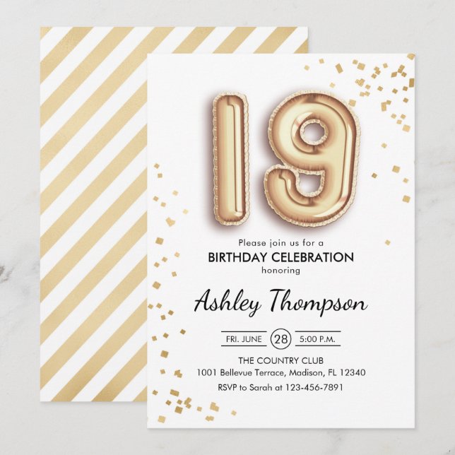 19. Geburtstag - Goldballons Einladung (Vorne/Hinten)