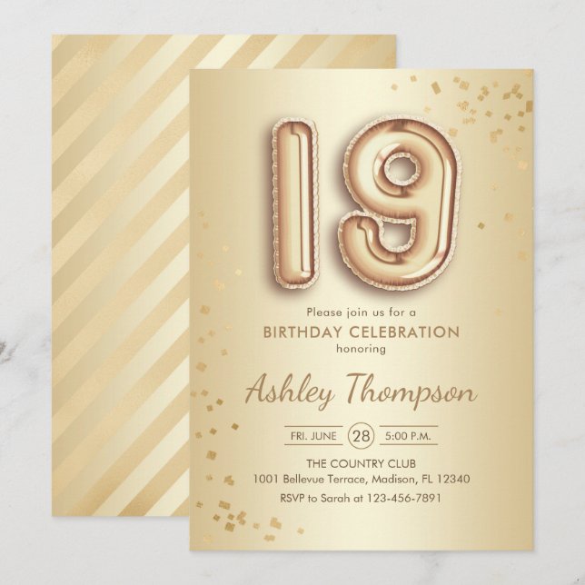 19. Geburtstag - Goldballons Einladung (Vorne/Hinten)