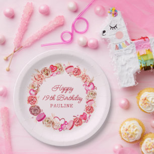 19. Geburtstag Pink Roses Wirbles Herz Pappteller