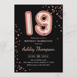 19. Geburtstag - Rose Gold Balloons Black Einladung