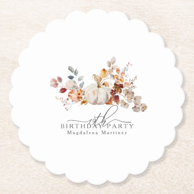 19. Geburtstag Weißkürbis Fall Blume Custom Untersetzer (Vorderseite)