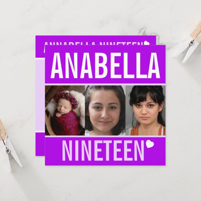 19. Geburtstagsfeier Foto lila Einladung (Vorderseite/Rückseite Beispiel)