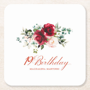 19. Geburtstagsparty Rosa Blumenmuster Custom Rechteckiger Pappuntersetzer