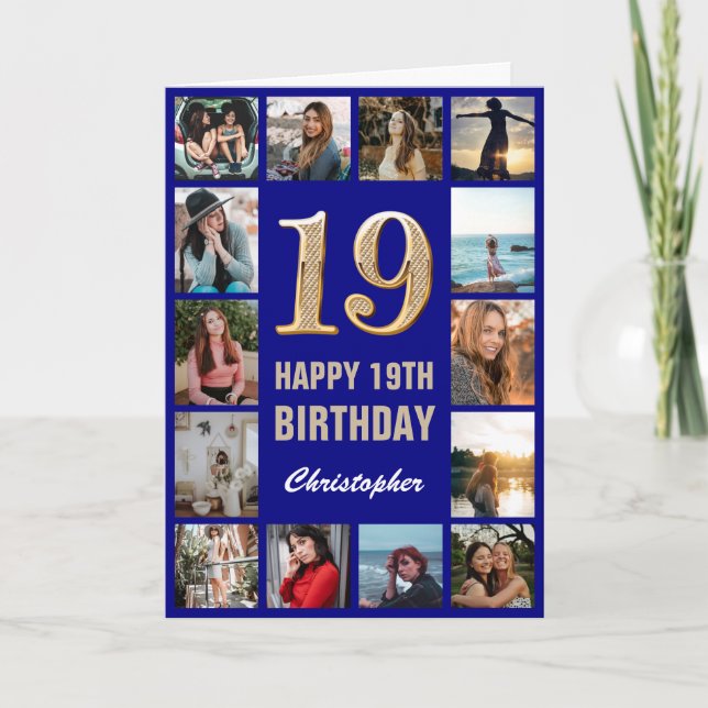 19. Happy Birthday Navy Blue & Gold Foto Collage Karte (Vorderseite)