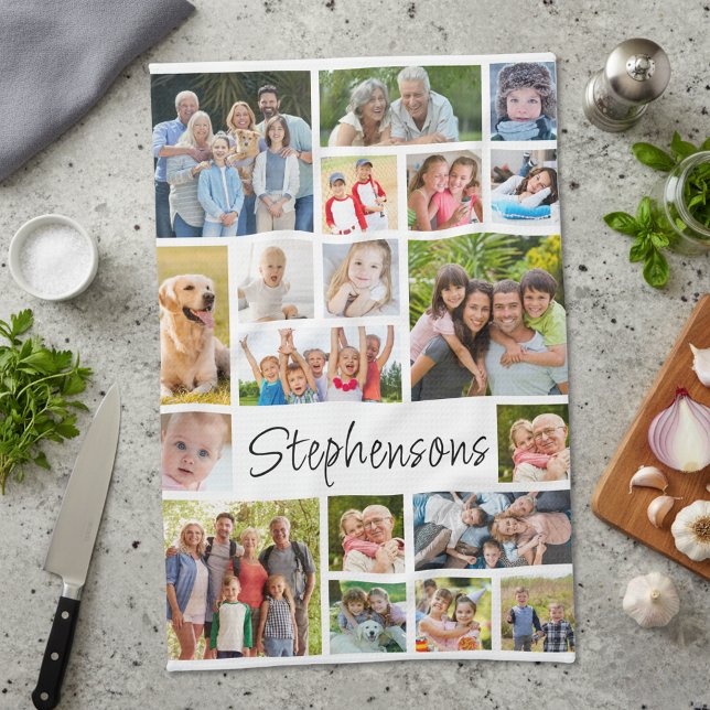 19 Photo Collage Modern Script Name Geschirrtuch (Von Creator hochgeladen)