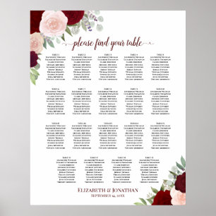 19 Tabelle Burgundy Red & Blush Bloral Seating Cha Poster