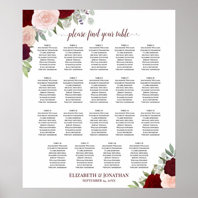 19 Tabelle Burgundy Red & Blush Bloral Seating Cha Poster (Vorne)