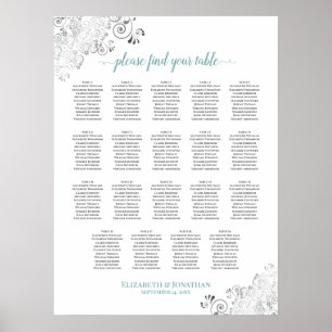 19 Tabelle Frily Wedding Seating Chart Weiß & Aqua Poster