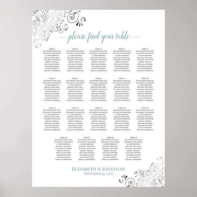 19 Tabelle Frily Wedding Seating Chart Weiß & Aqua Poster (Vorne)