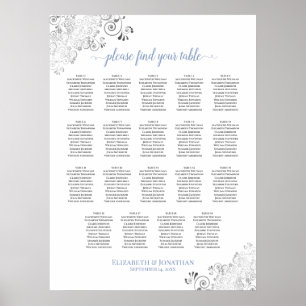 19 Tabelle Frily Wedding Seating Chart White & Blu Poster