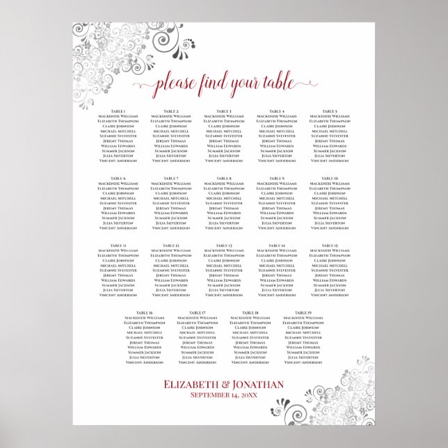 19 Tabelle Frily Wedding Seating Chart White & Red Poster (Vorne)