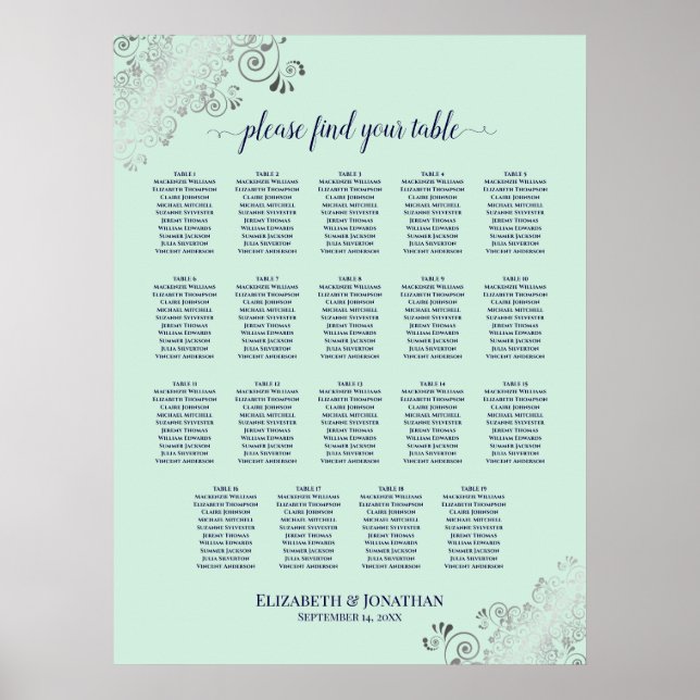 19 Tabelle Mint Green & Navy Hochzeitskarte Poster (Vorne)