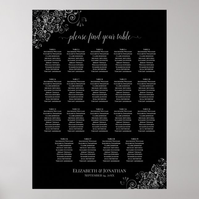 19 Tabelle Silver Frills Black Wedding Seating Cha Poster (Vorne)